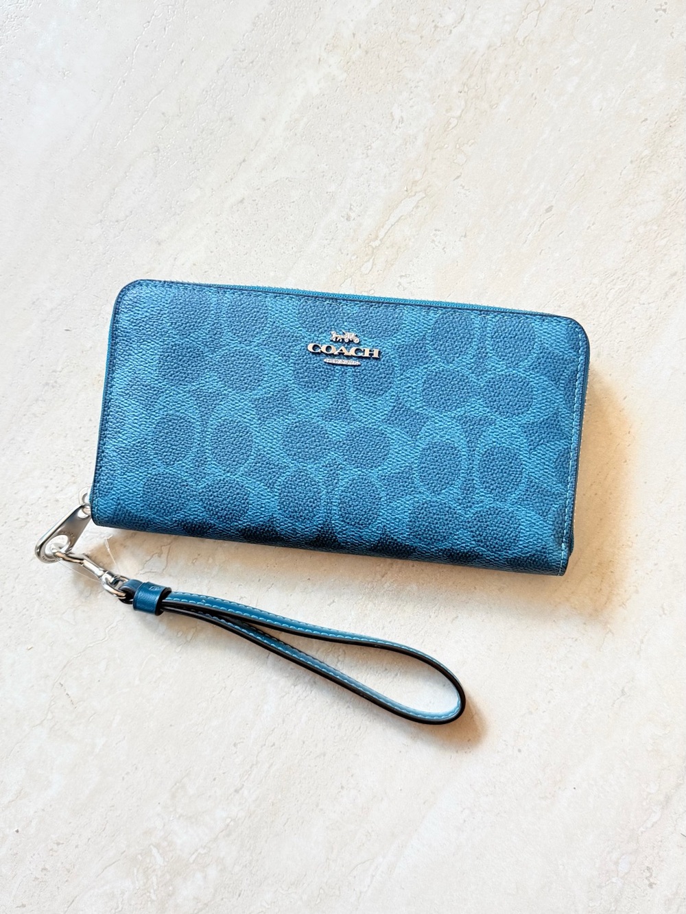 Coach Teal Signature Zip Around Wallet Wristlet